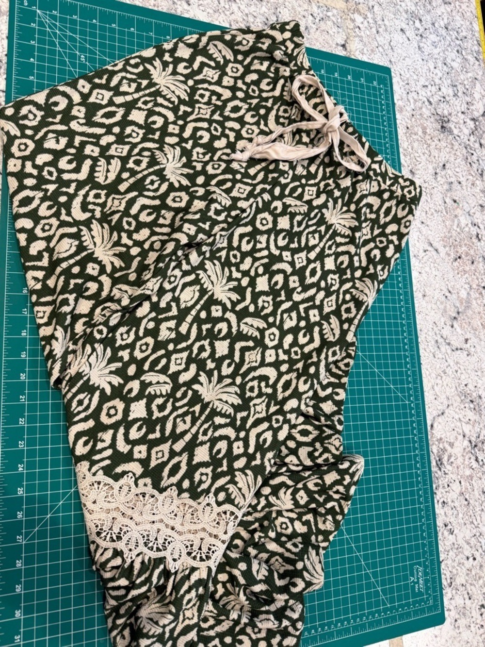 Boho Palm Print Lace Trim Wide Leg Pants S/M Flowy Festival - Picture 3 of 11